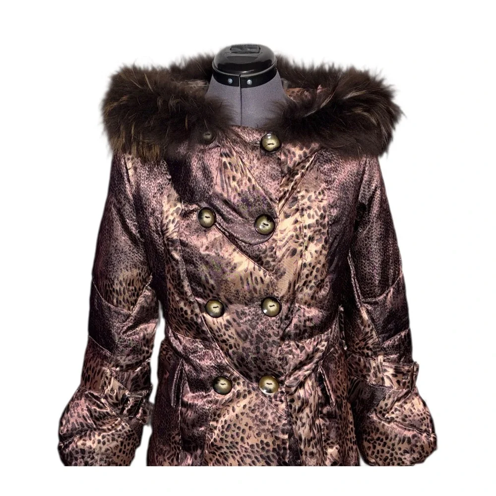 Tuleh Y2K Leopard Print Real Fur Trim Hooded Trench Coat M B35 W31 H38 DAMAGED